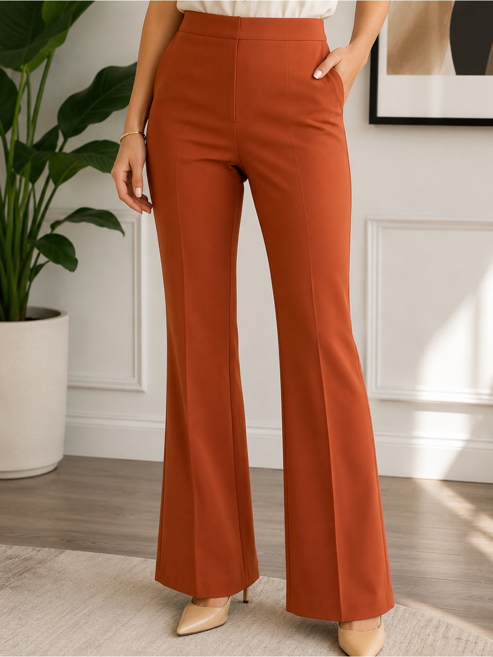 Socialite Rust Leaf High Rise Bootcut Pants Women’s Large Stretch NWT